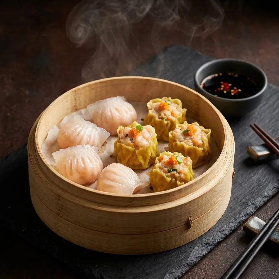 Dim sum in bamboo steamers